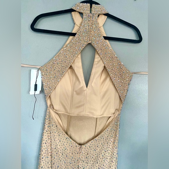 NWT La Femme Champagne Beaded Key Neck Mock Neck Evening Gown / Formal Dress - Picture 6 of 8